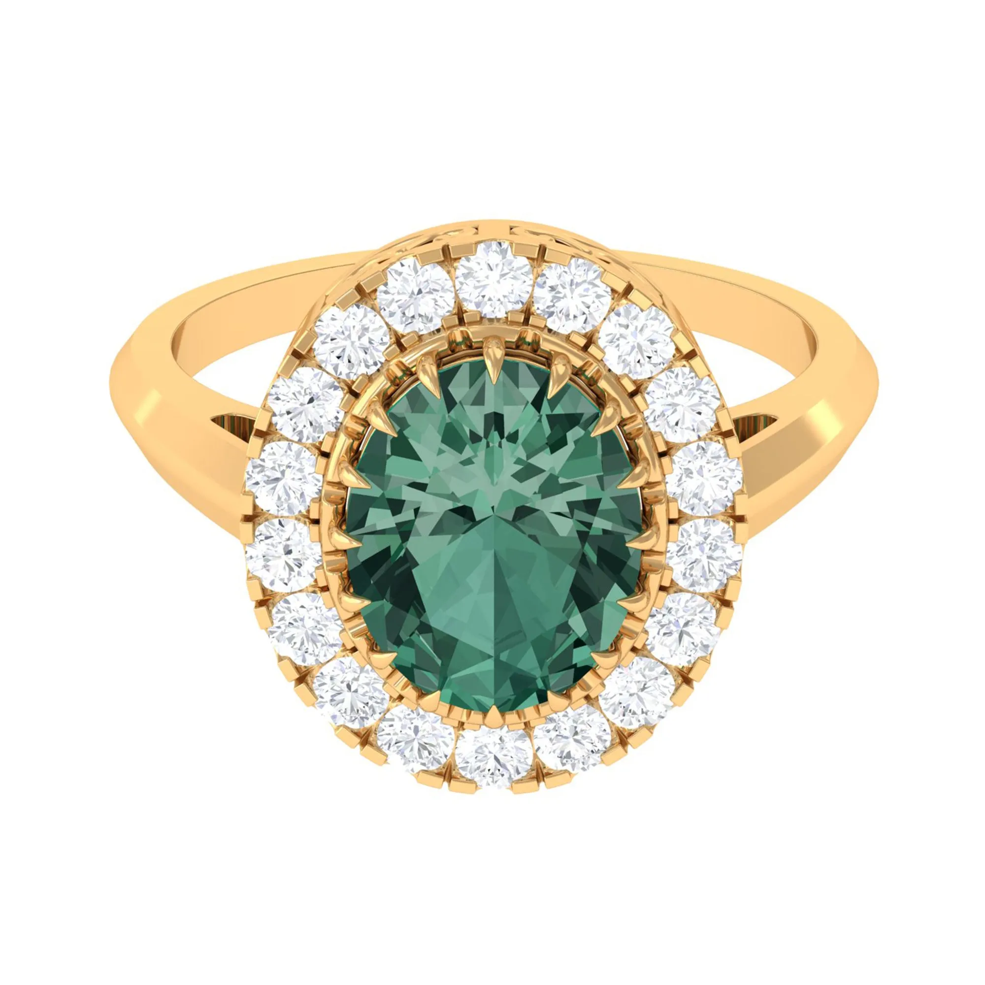 Oval Lab Grown Green Sapphire Engagement Ring with Moissanite Halo