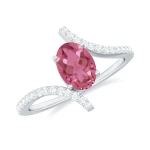 Oval Pink Tourmaline Solitaire Bypass Ring with Diamond