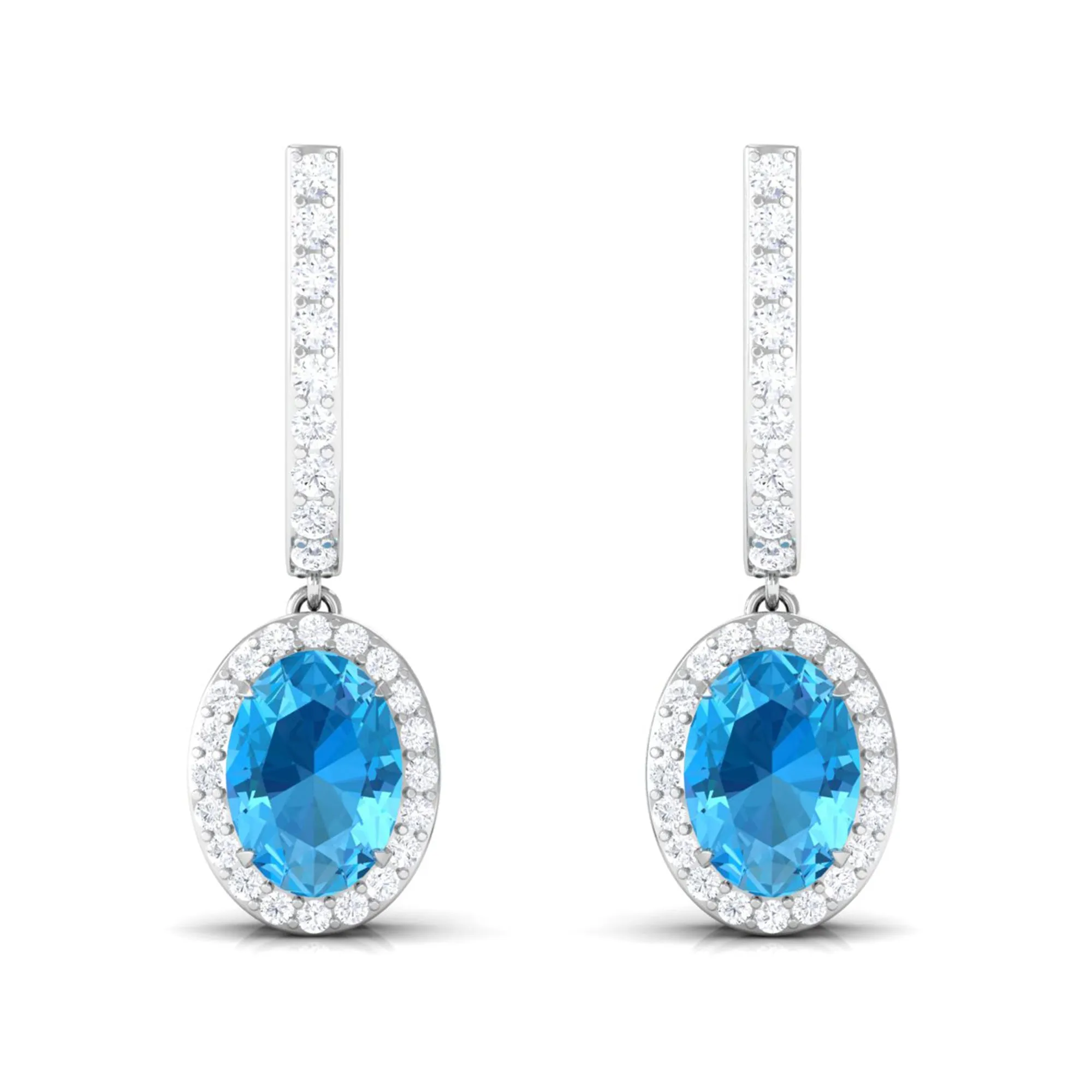 Oval Swiss Blue Topaz Hoop Drop Earrings with Diamond Halo