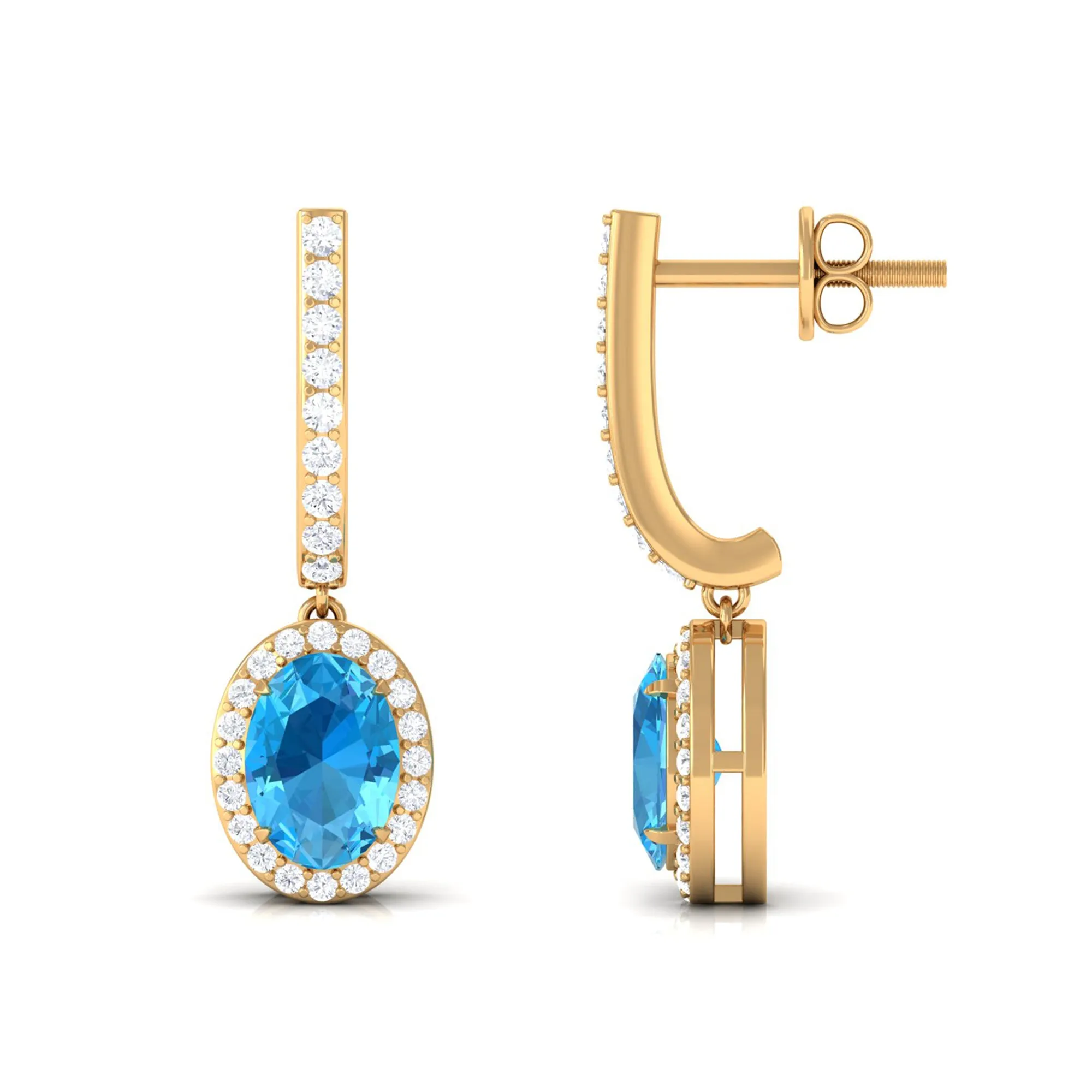 Oval Swiss Blue Topaz Hoop Drop Earrings with Diamond Halo