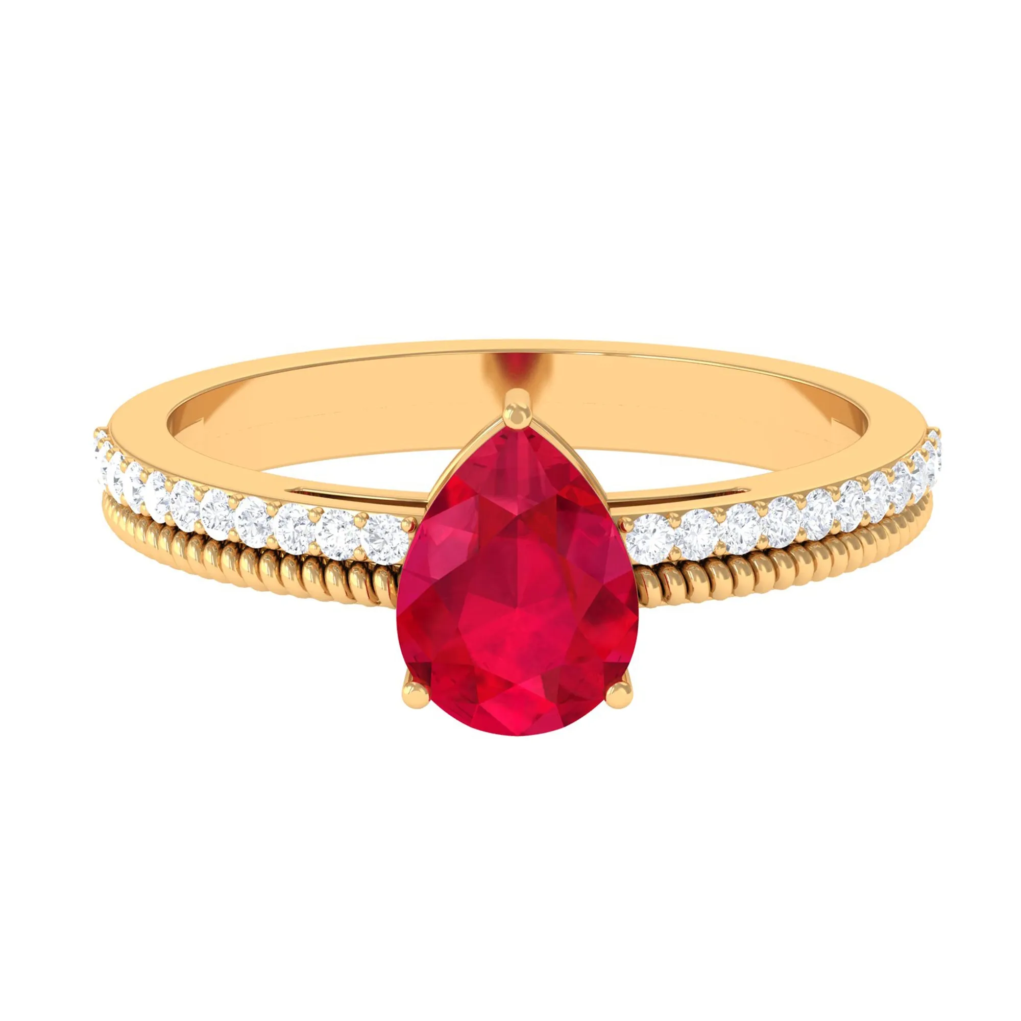 Pear Shape Lab Grown Ruby and Diamond Solitaire Ring with Twisted Rope