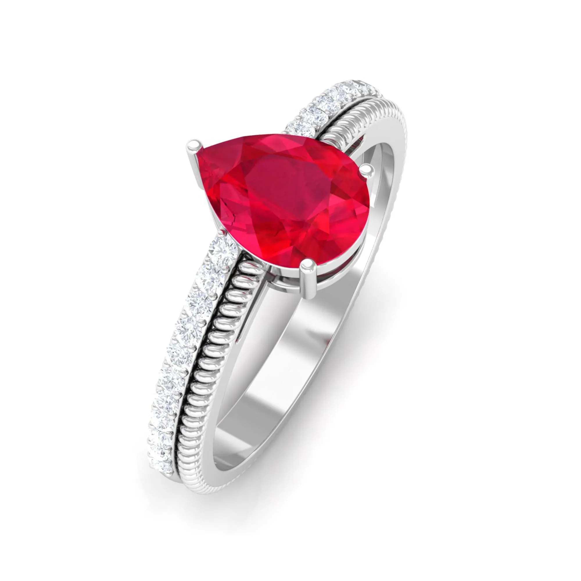 Pear Shape Lab Grown Ruby and Diamond Solitaire Ring with Twisted Rope