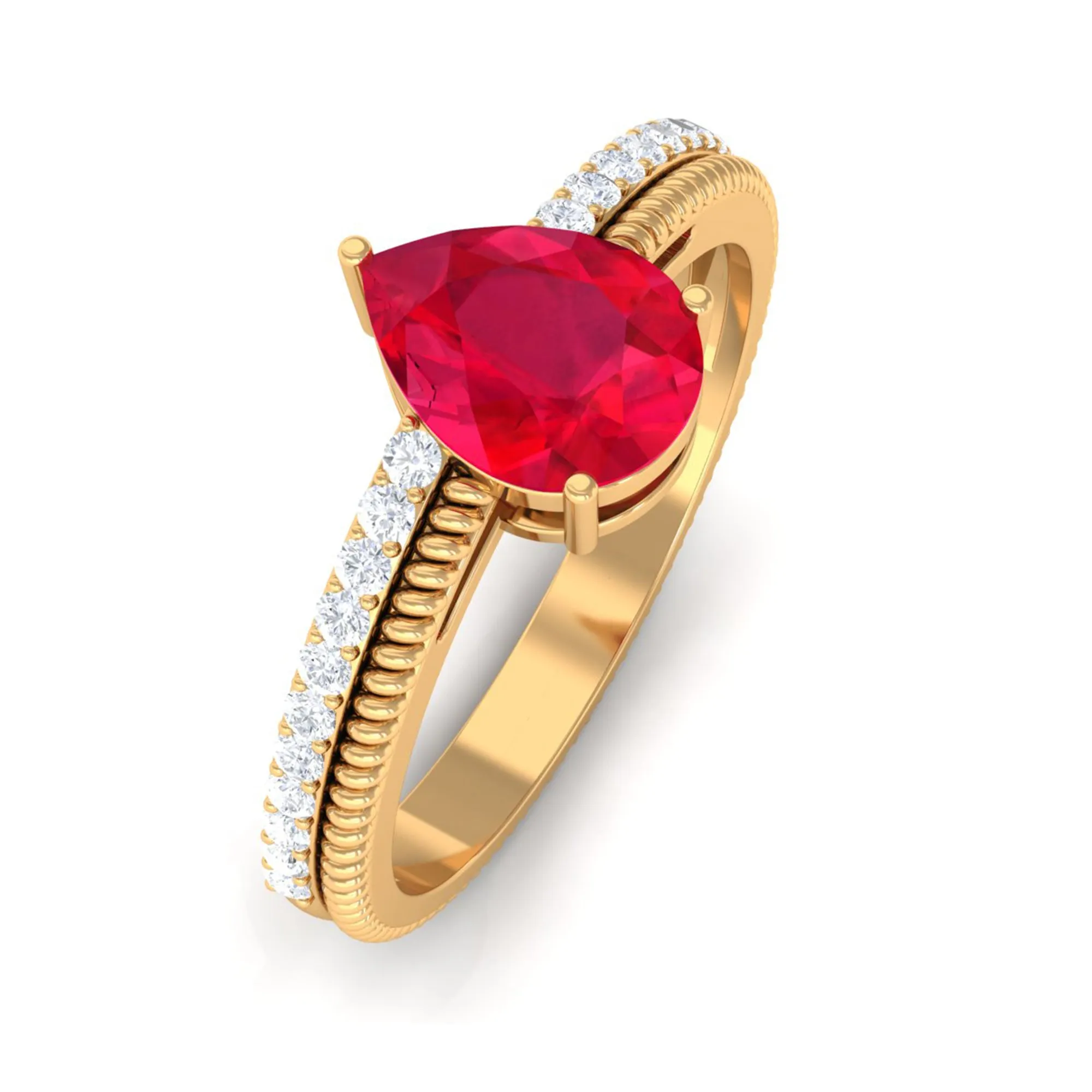 Pear Shape Lab Grown Ruby and Diamond Solitaire Ring with Twisted Rope