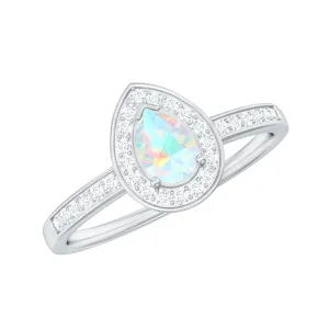 Pear Shaped Ethiopian Opal and Diamond Halo Engagement Ring