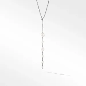 Pearl and Pave Y Necklace in Sterling Silver with Diamonds