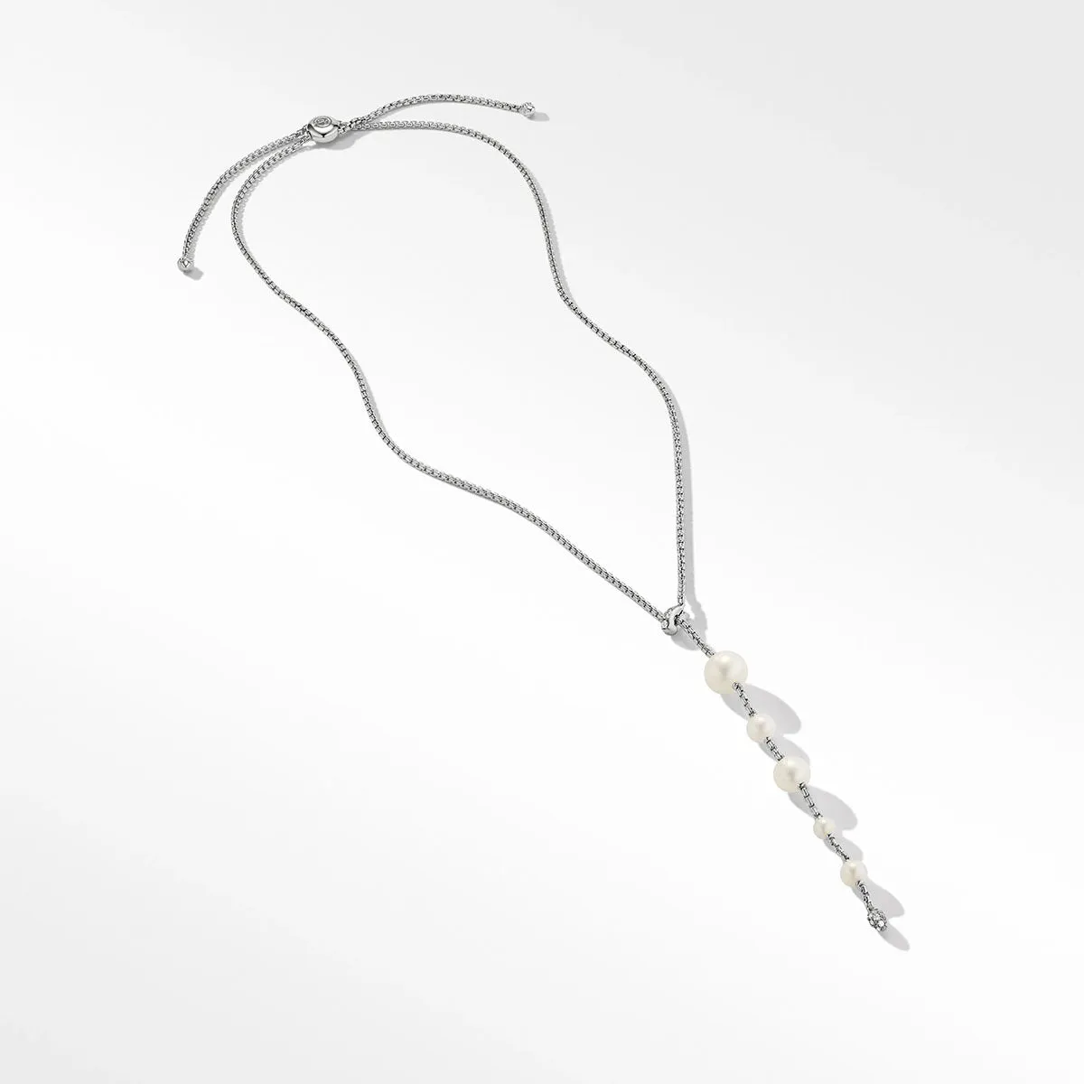 Pearl and Pave Y Necklace in Sterling Silver with Diamonds