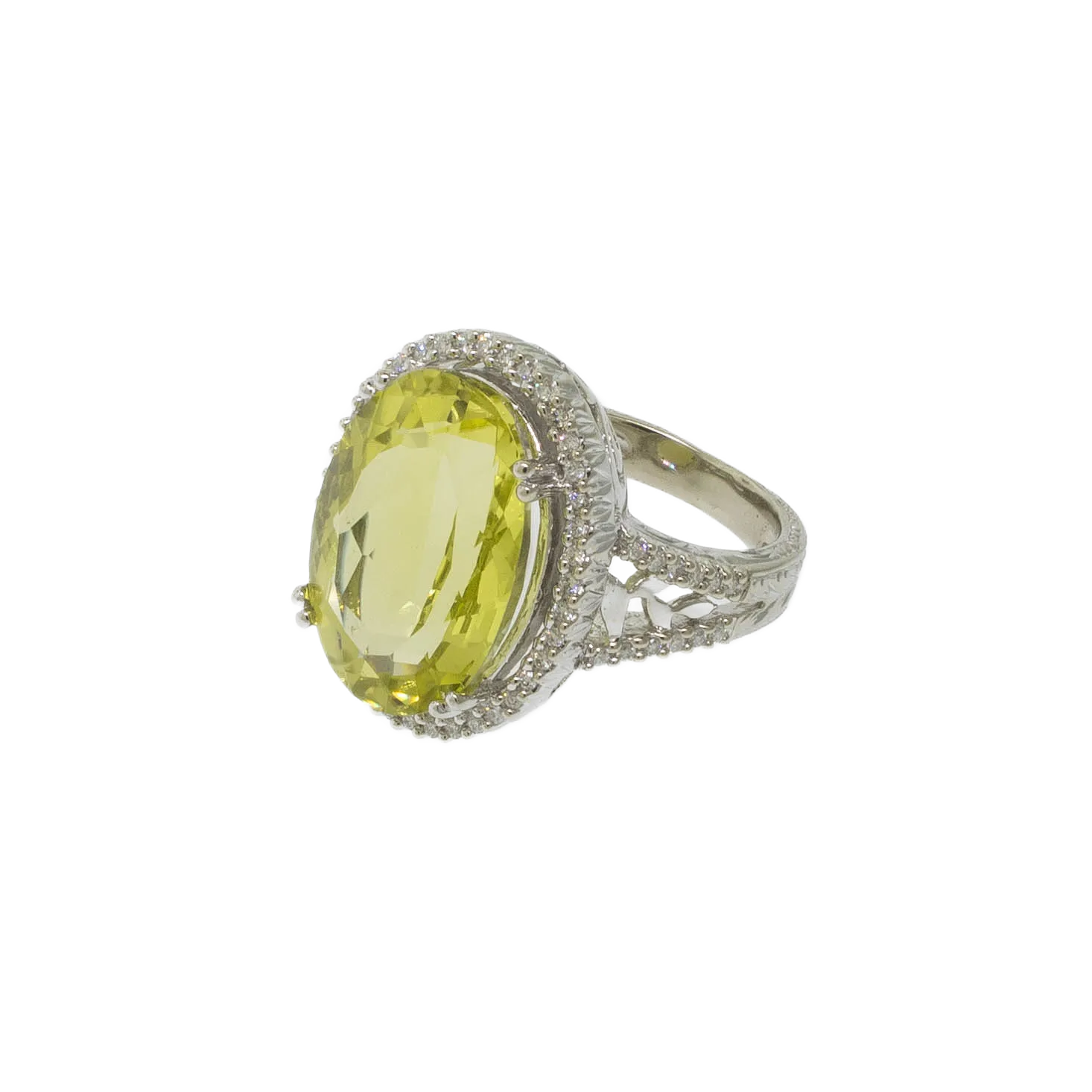 Pre-Owned 14K White Gold Lemon Quartz & Diamond Ring 11CT, Size 6-3/8, 6 DWT