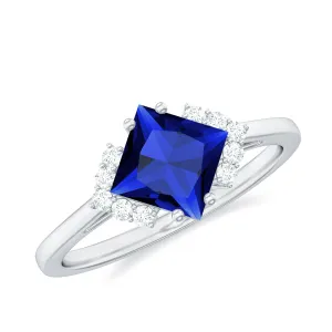 Princess Cut Created Blue Sapphire Engagement Ring with Diamond Accent