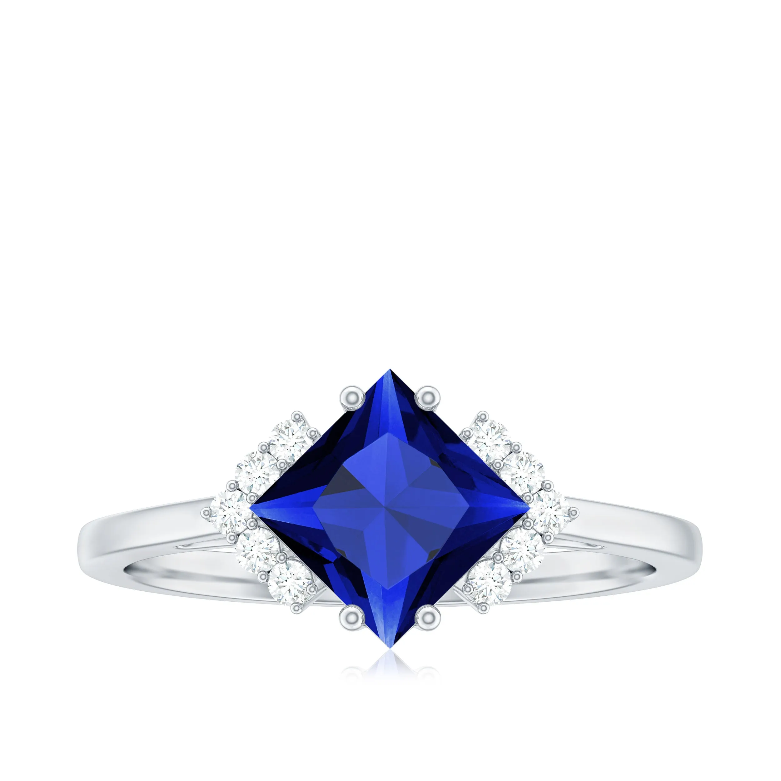 Princess Cut Created Blue Sapphire Engagement Ring with Diamond Accent