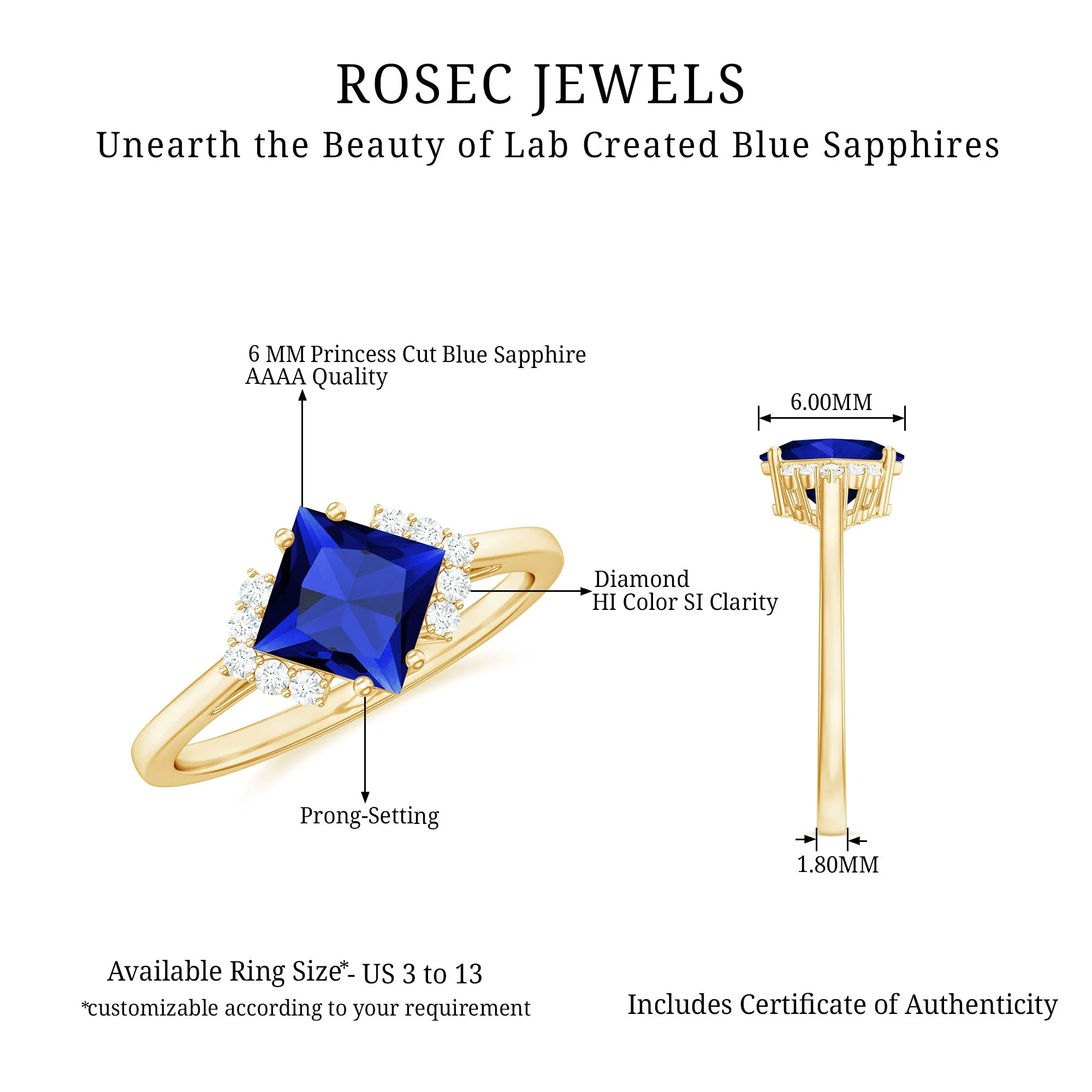 Princess Cut Created Blue Sapphire Engagement Ring with Diamond Accent