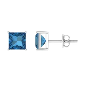 Princess Cut London Blue Topaz Solitaire Stud Earrings