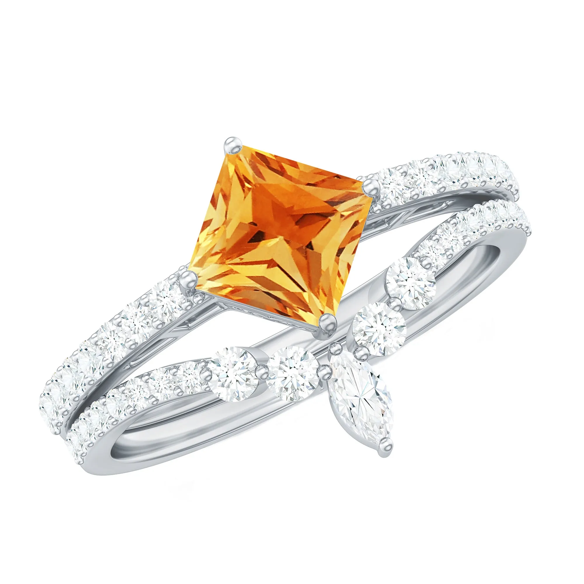 Princess Cut Solitaire Citrine Designer Ring Set with Moissanite