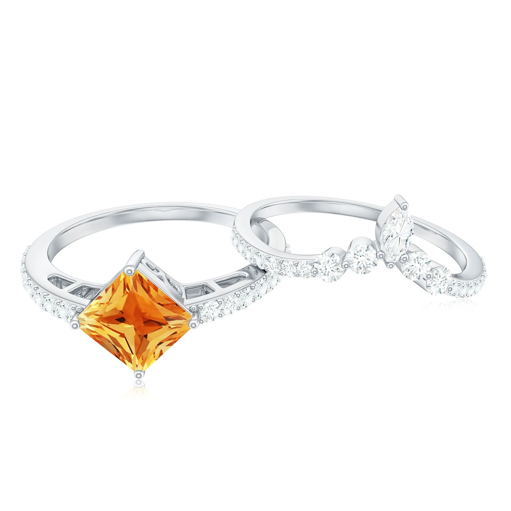 Princess Cut Solitaire Citrine Designer Ring Set with Moissanite