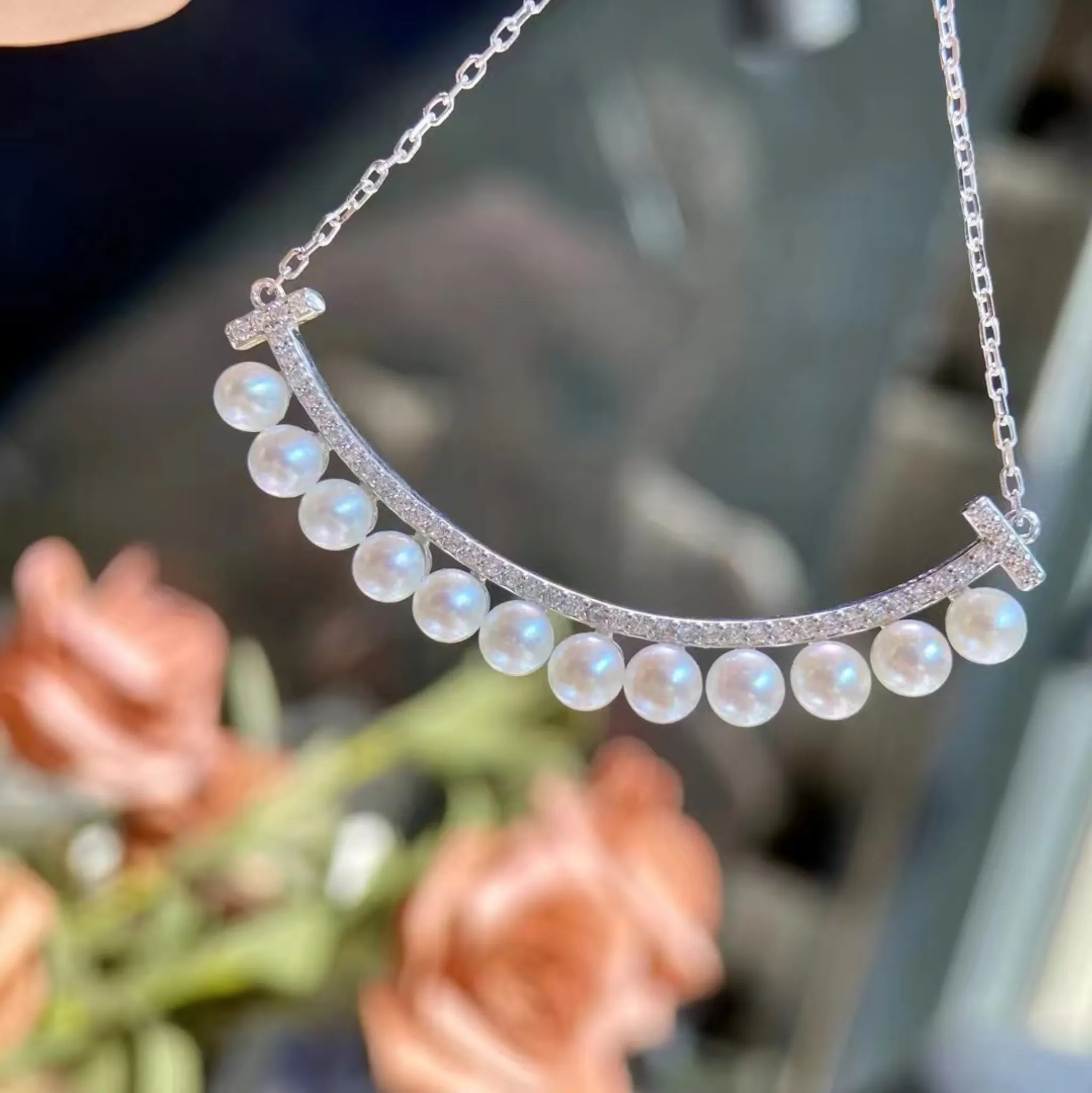 Radiant Smile 12-Pearl Akoya Silver Necklace