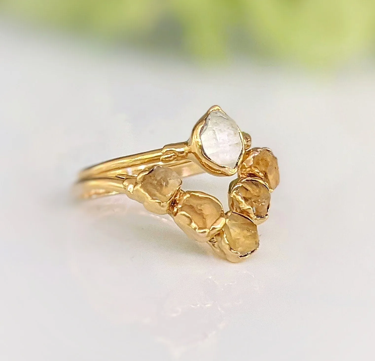 Raw Citrine and Herkimer diamond Chevron engagement ring