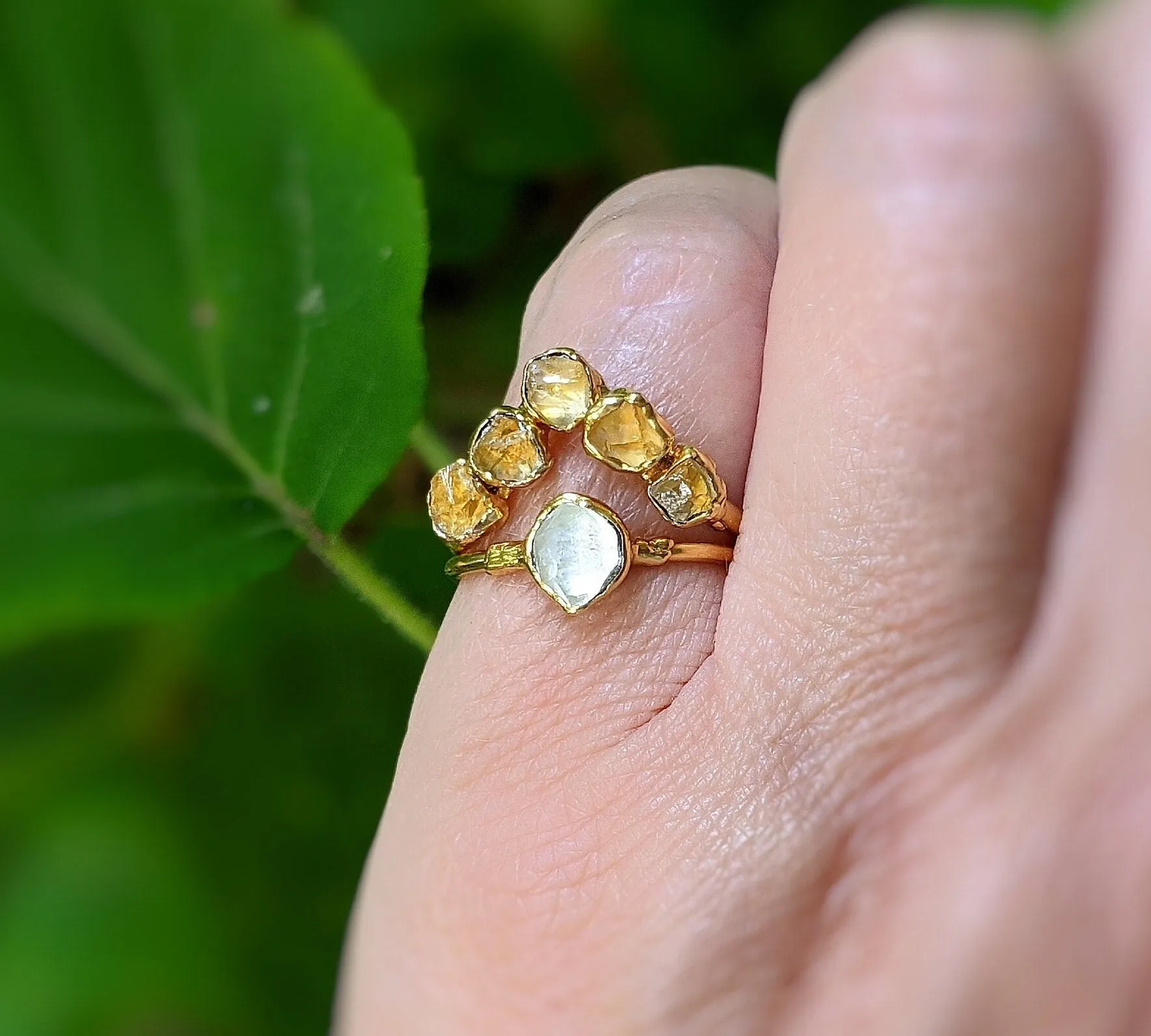 Raw Citrine and Herkimer diamond Chevron engagement ring