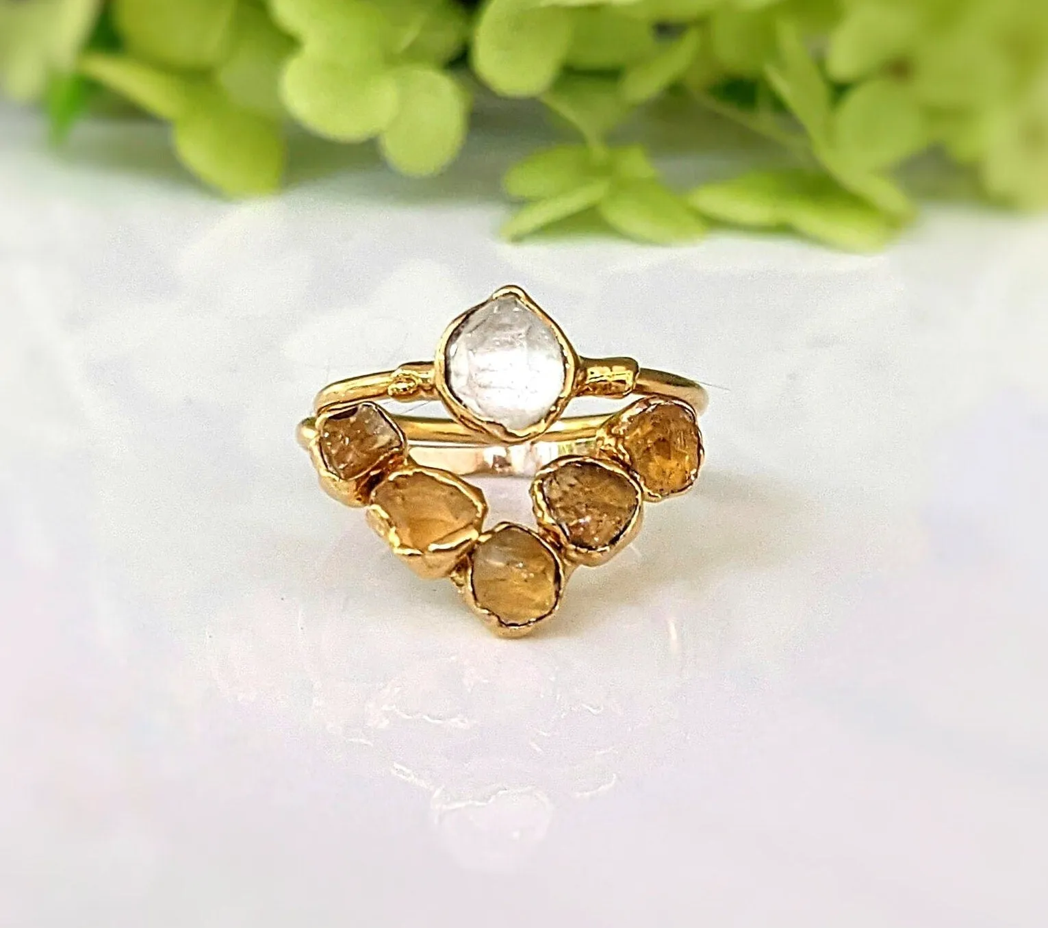 Raw Citrine and Herkimer diamond Chevron engagement ring