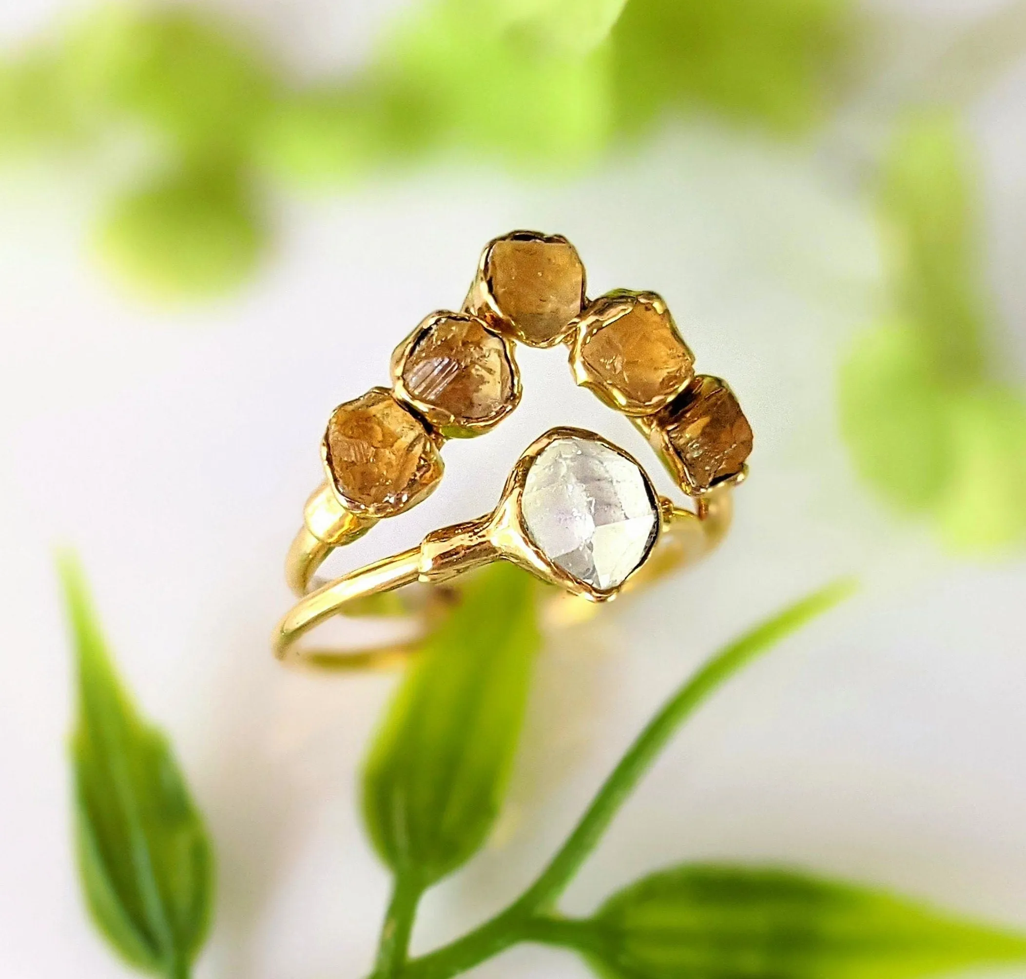 Raw Citrine and Herkimer diamond Chevron engagement ring