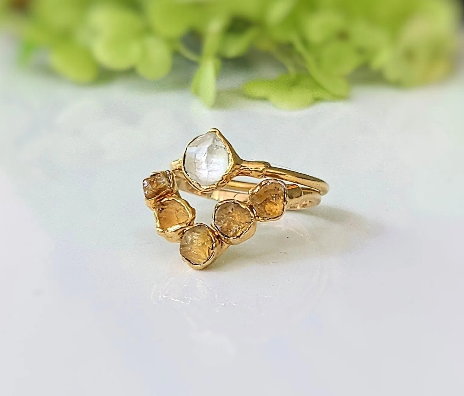 Raw Citrine and Herkimer diamond Chevron engagement ring