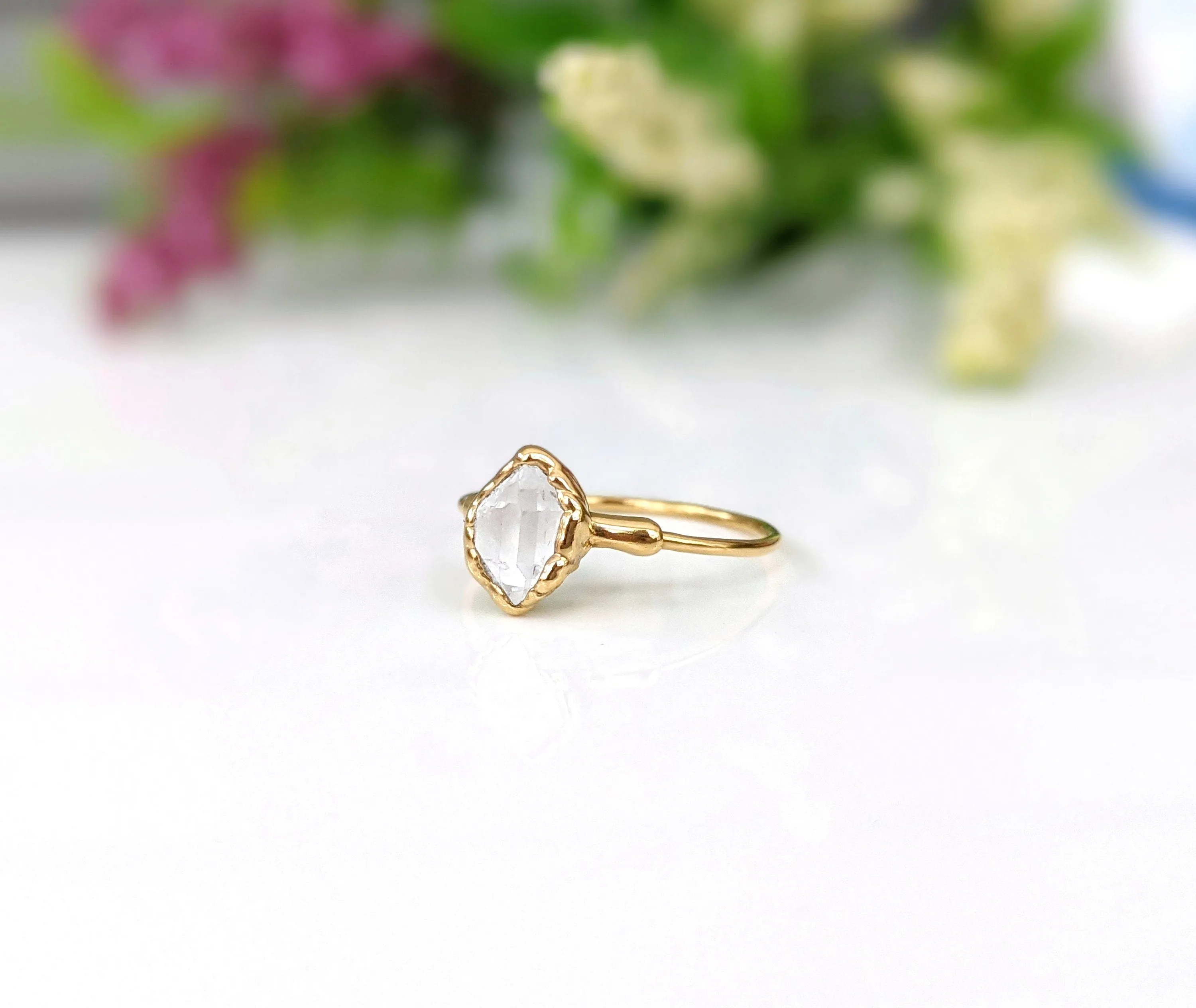 Raw Citrine and Herkimer diamond Chevron engagement ring