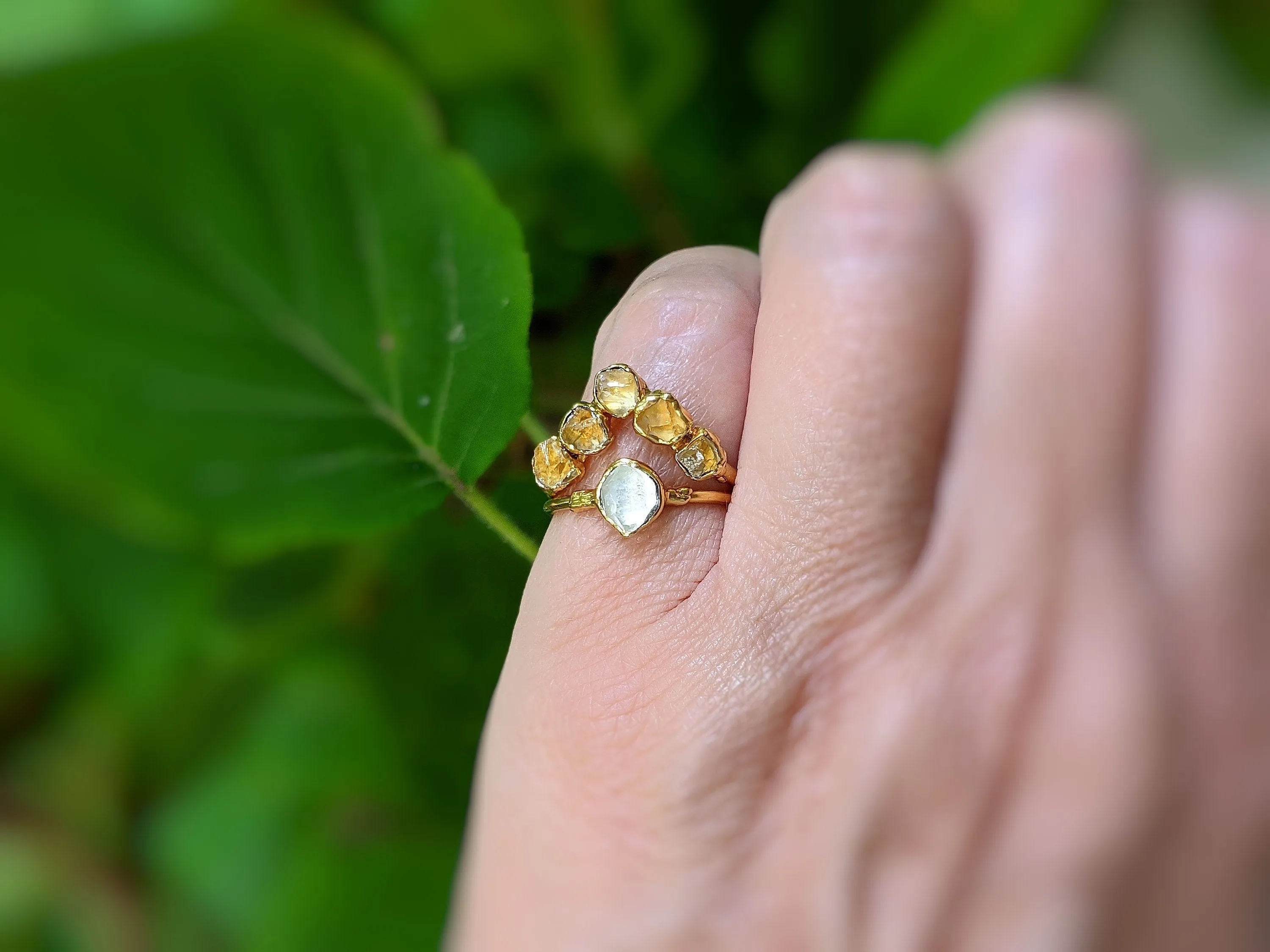 Raw Citrine and Herkimer diamond Chevron engagement ring