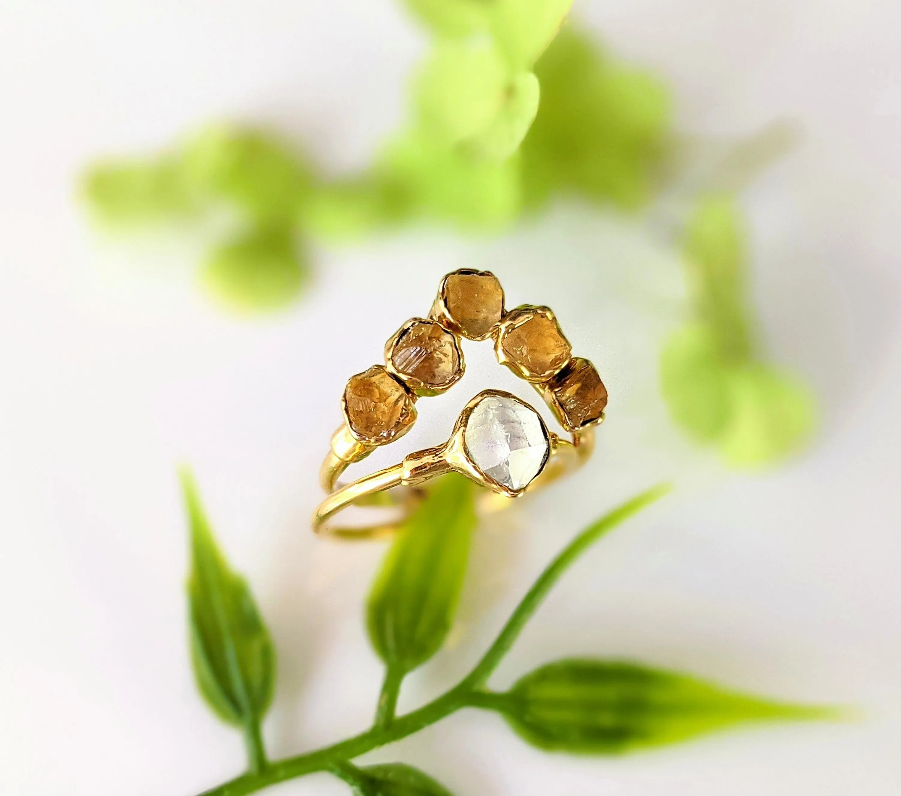 Raw Citrine and Herkimer diamond Chevron engagement ring