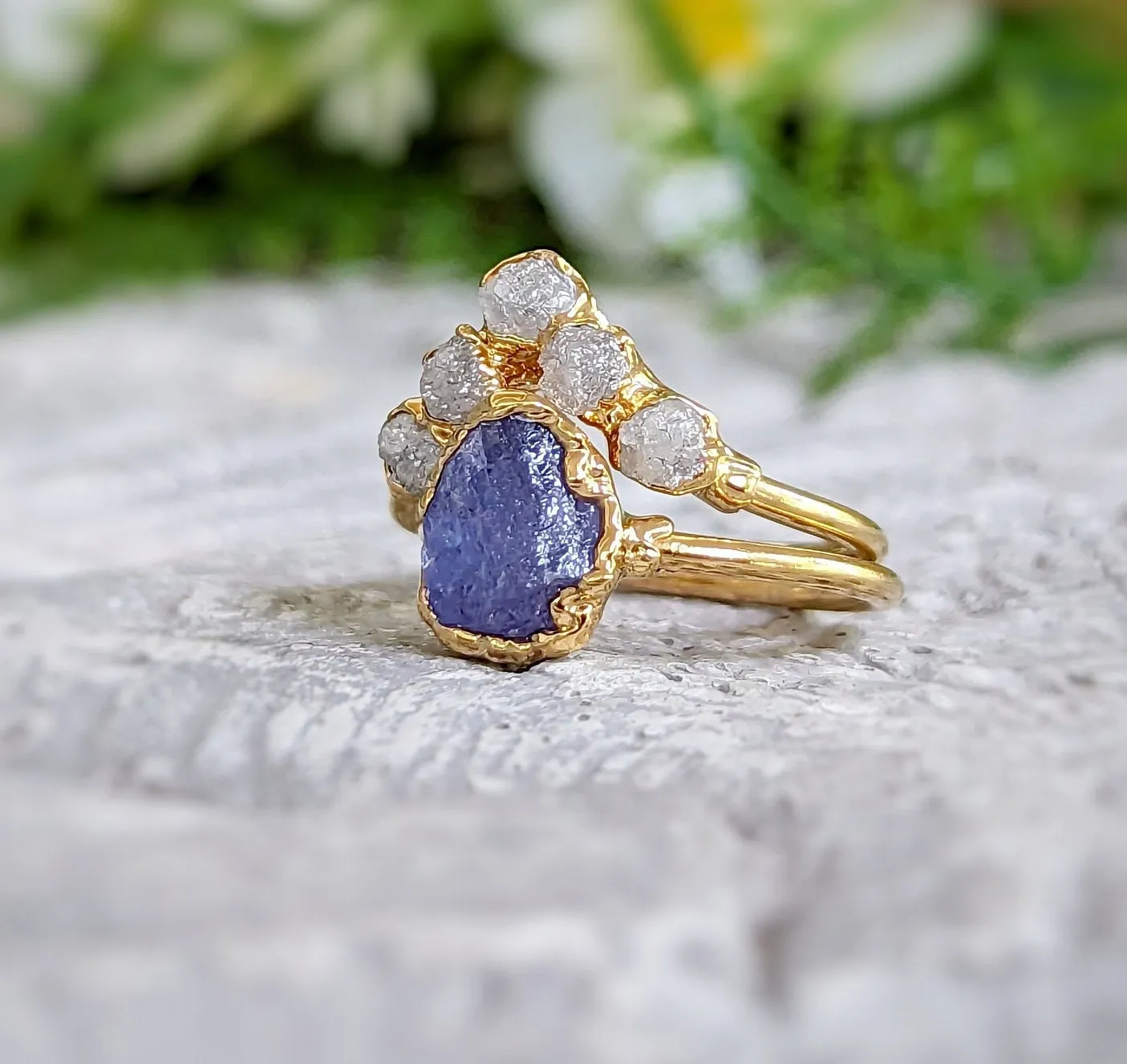Raw Tanzanite and diamond Chevron wedding ring set