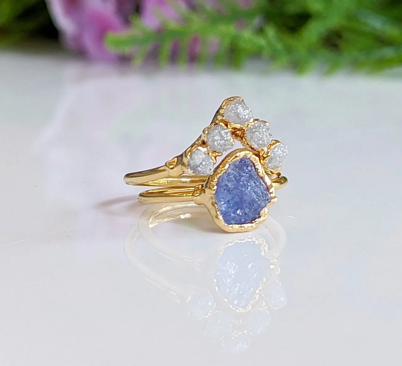 Raw Tanzanite and diamond Chevron wedding ring set