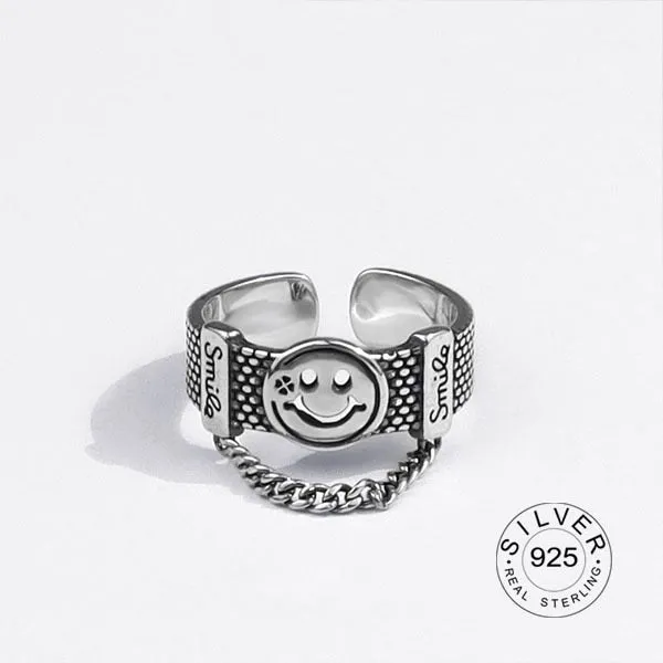 Real 925 sterling silver finger rings for women yellow smile face Trendy fine Jewelry Large Adjustable Antique Rings Anillos