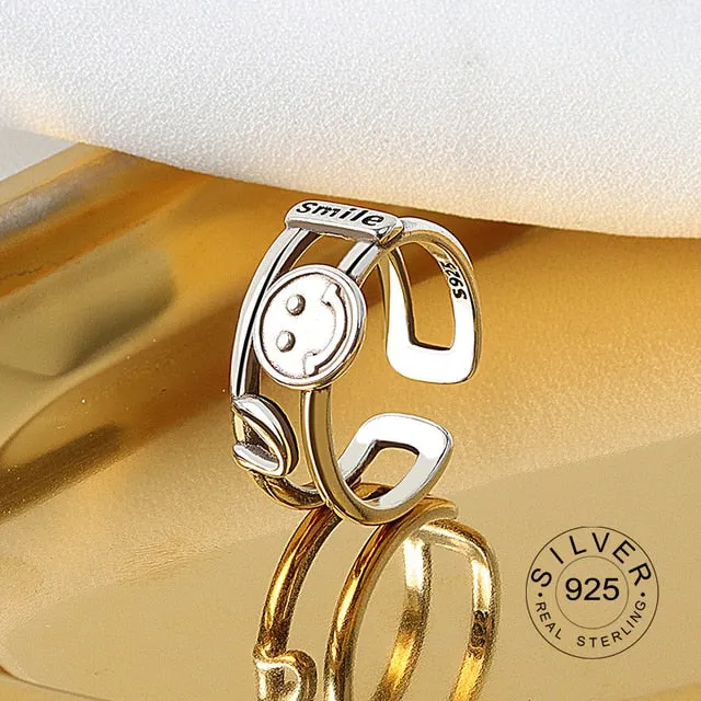 Real 925 sterling silver finger rings for women yellow smile face Trendy fine Jewelry Large Adjustable Antique Rings Anillos