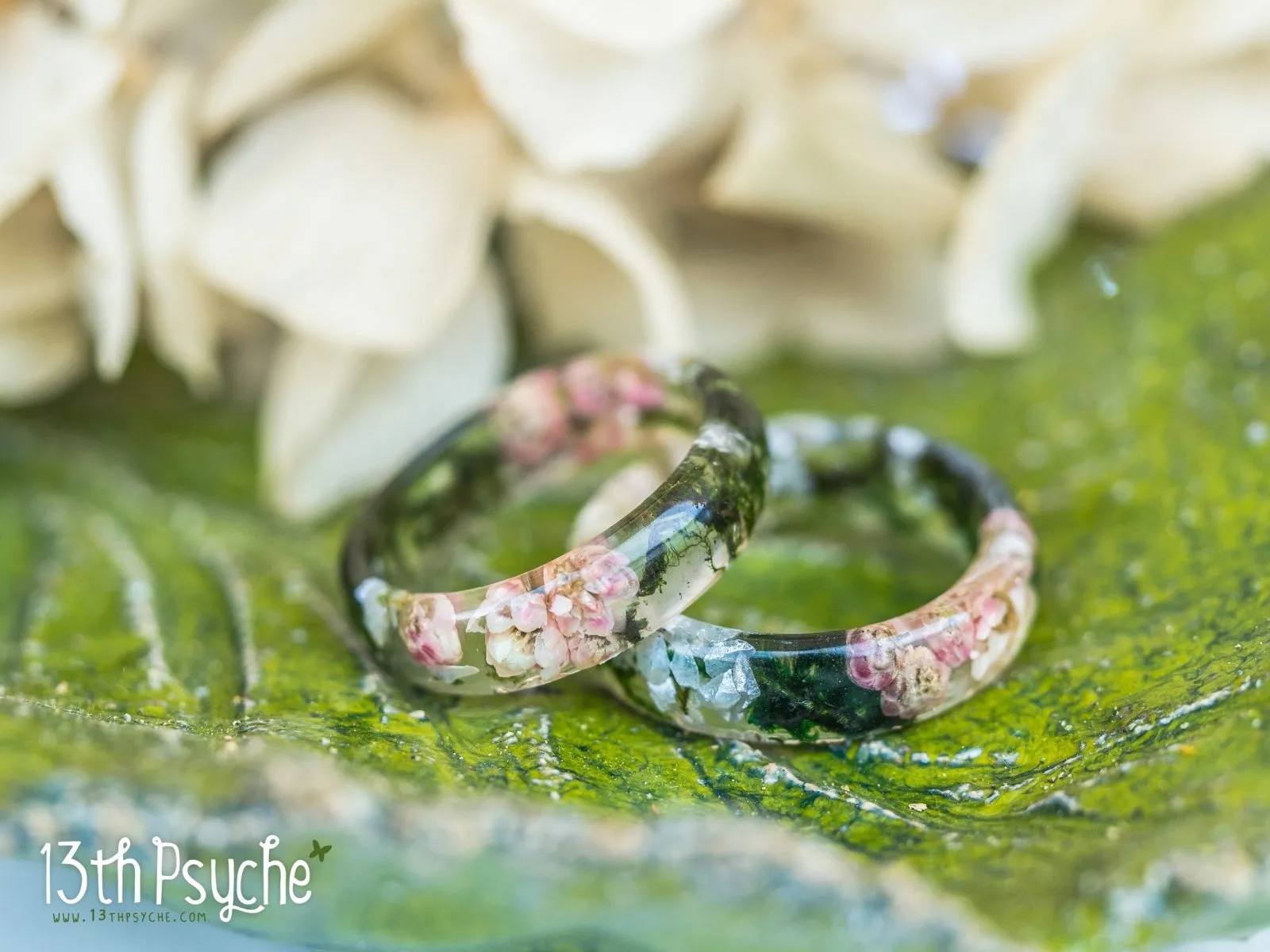 Real moss, Ozothamnus flowers and moonstone resin ring