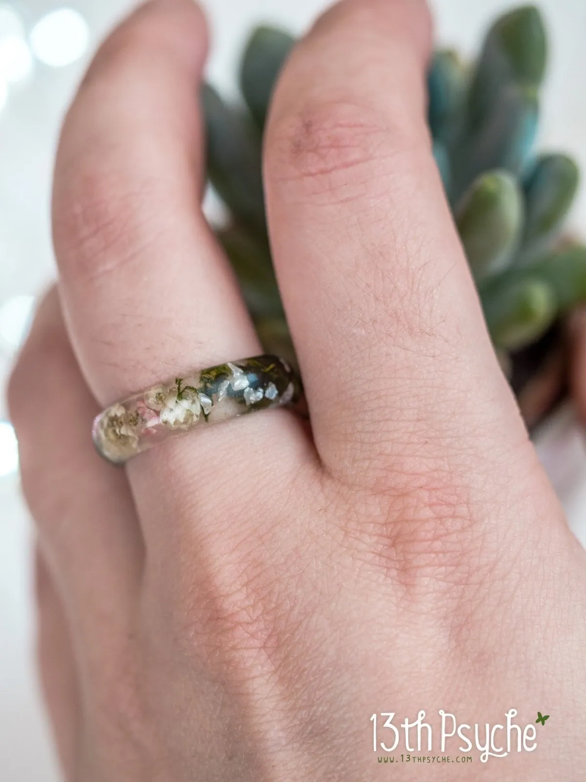 Real moss, Ozothamnus flowers and moonstone resin ring