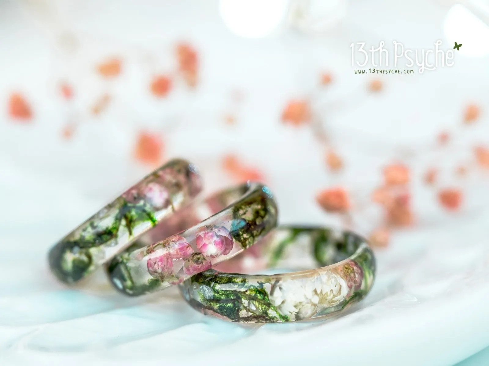 Real moss, Ozothamnus flowers and moonstone resin ring