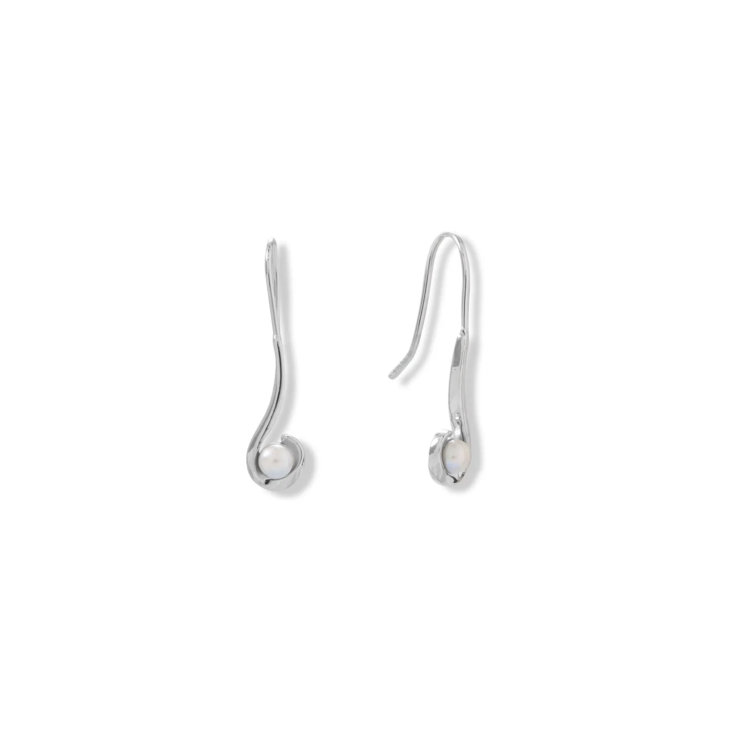 Rhodium Plated Hook Design Cultured Freshwater Pearl Earrings