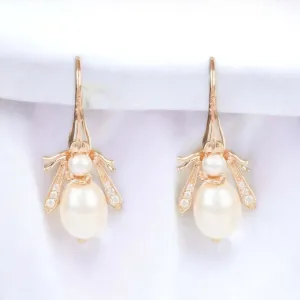 Rose Gold & Sterling Silver Freshwater Pearl Honey Bee Earrings