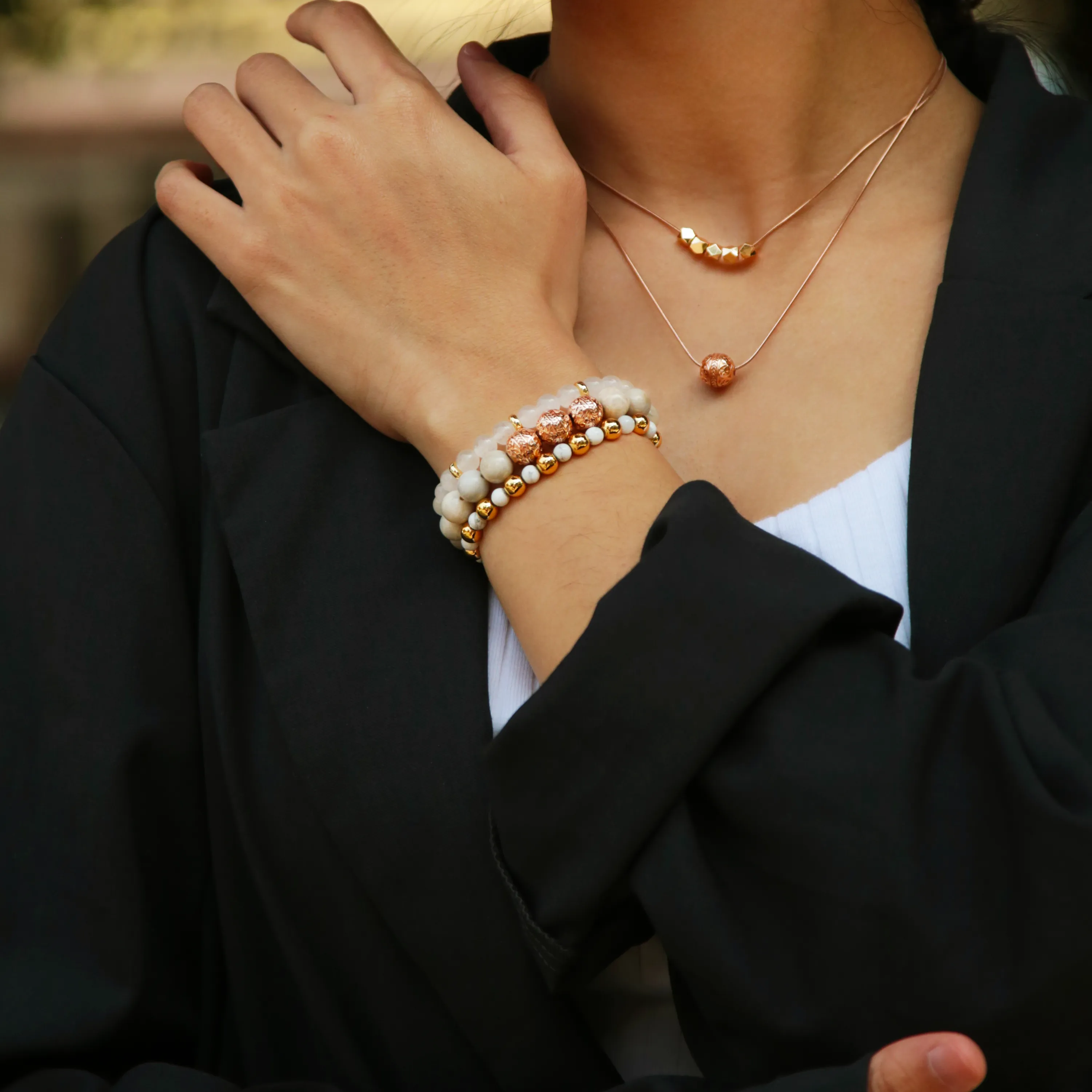 Rose Gold Chrysanthemum Bracelet with Howlite and White Jade Bracelet