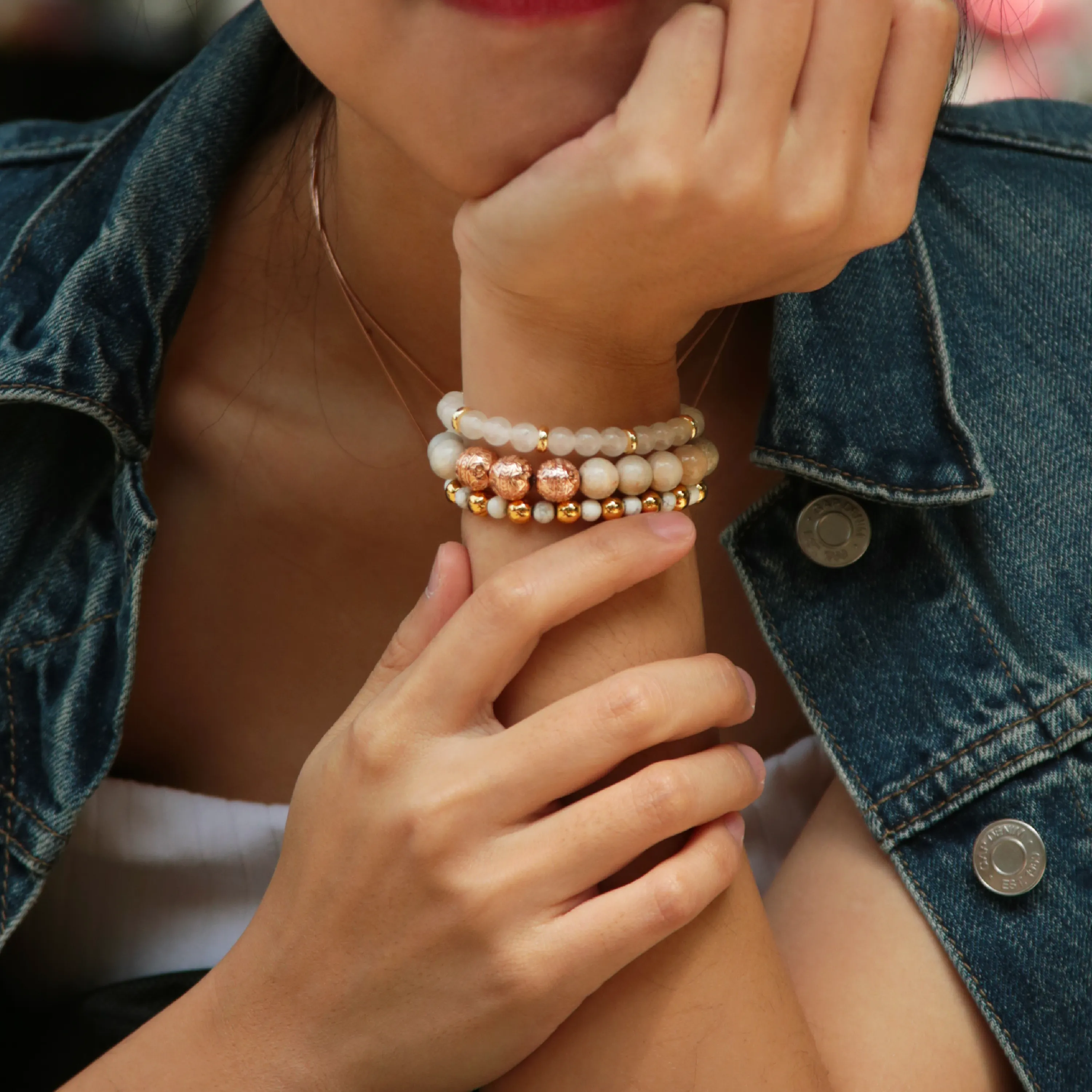 Rose Gold Chrysanthemum Bracelet with Howlite and White Jade Bracelet