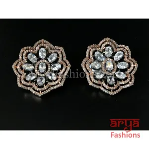 Rose Gold Silver Cubic Zirconia Studs with Green Stones