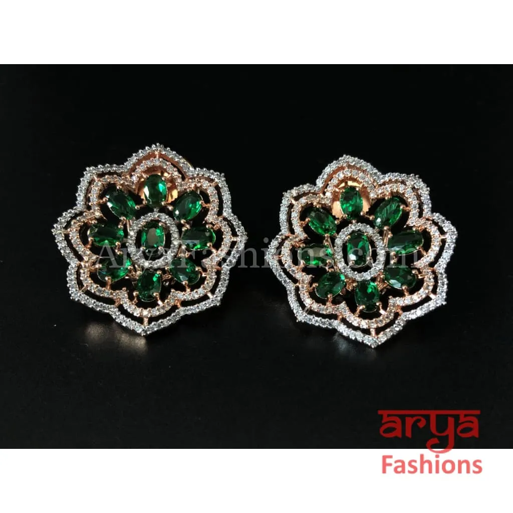 Rose Gold Silver Cubic Zirconia Studs with Green Stones