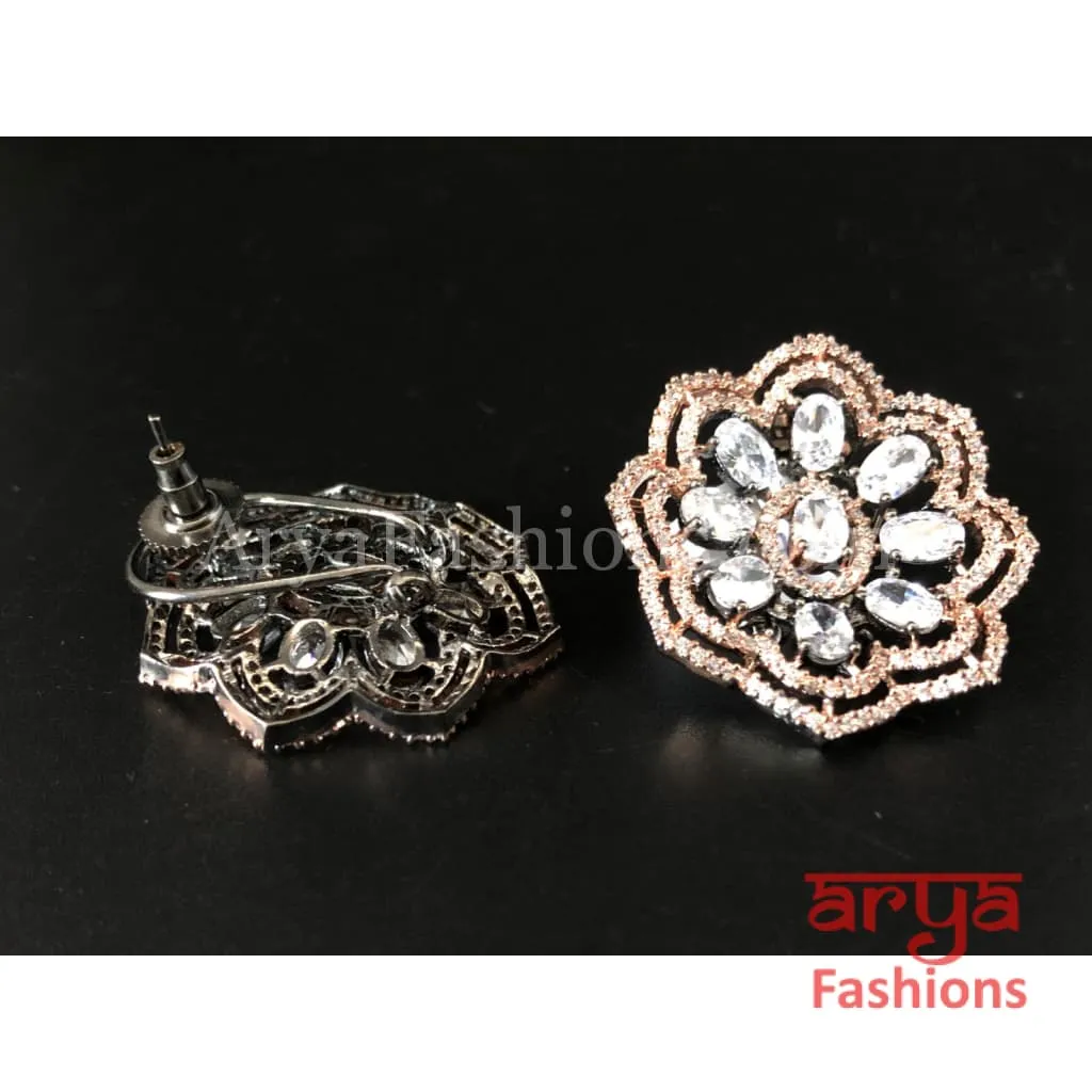 Rose Gold Silver Cubic Zirconia Studs with Green Stones