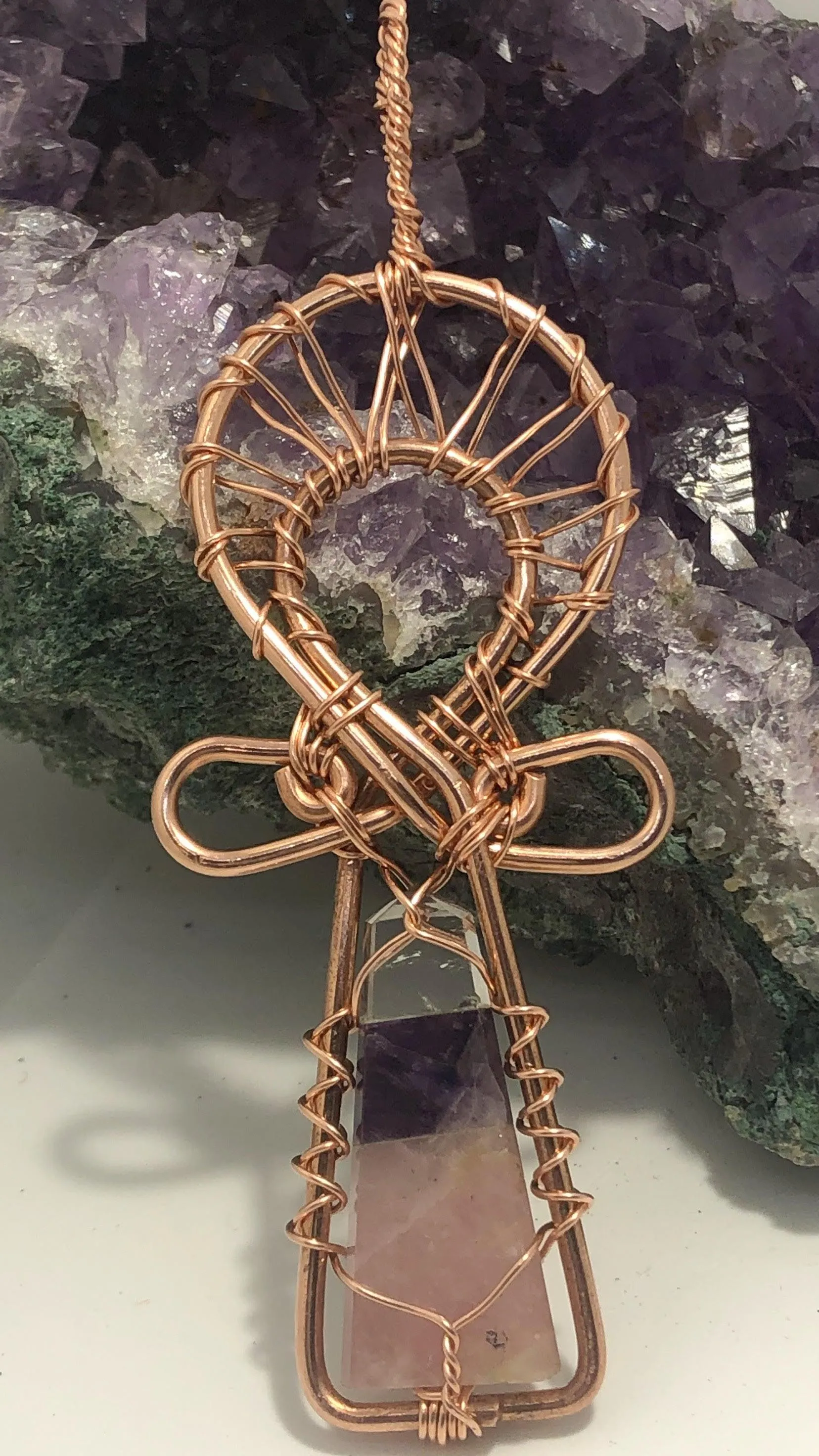 Rose Quartz, Clear Quartz and Amethyst Copper Ankh Pendant