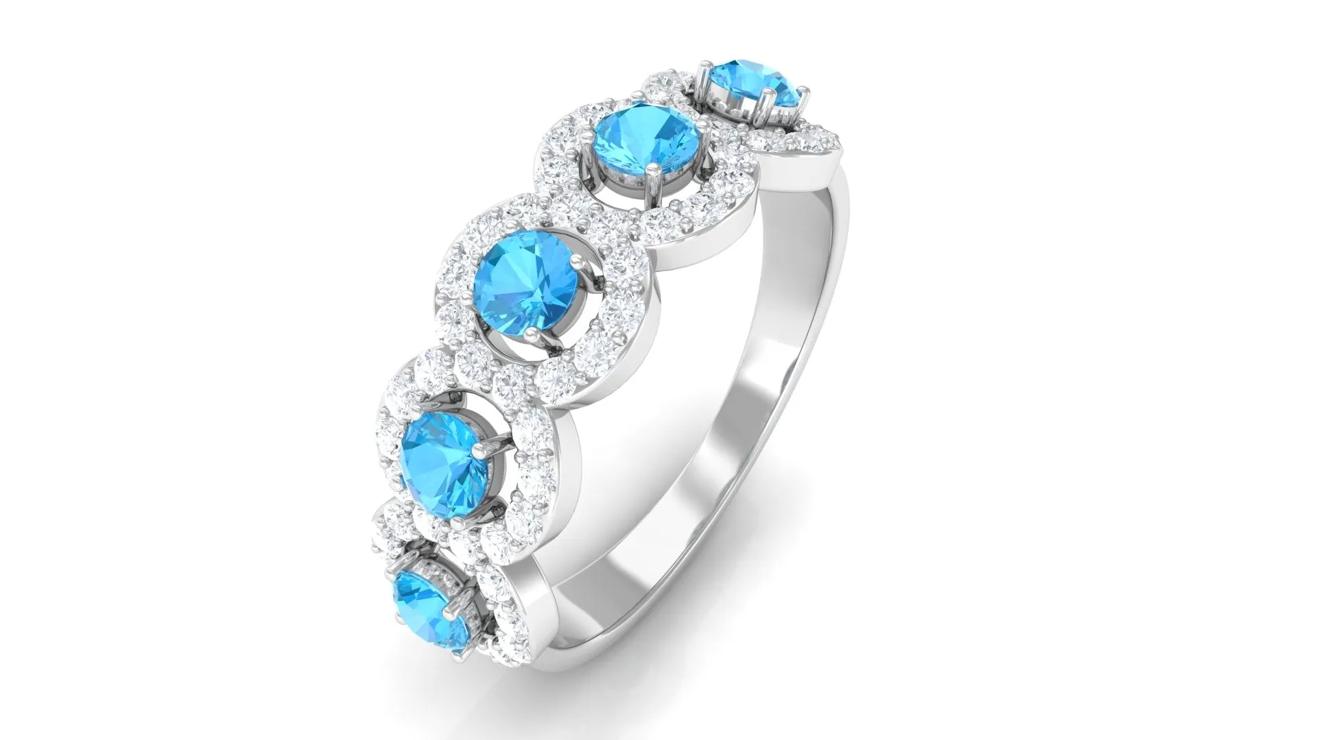 Round Shape Swiss Blue Topaz and Diamond Halo Classic Band Ring in Prong Setting