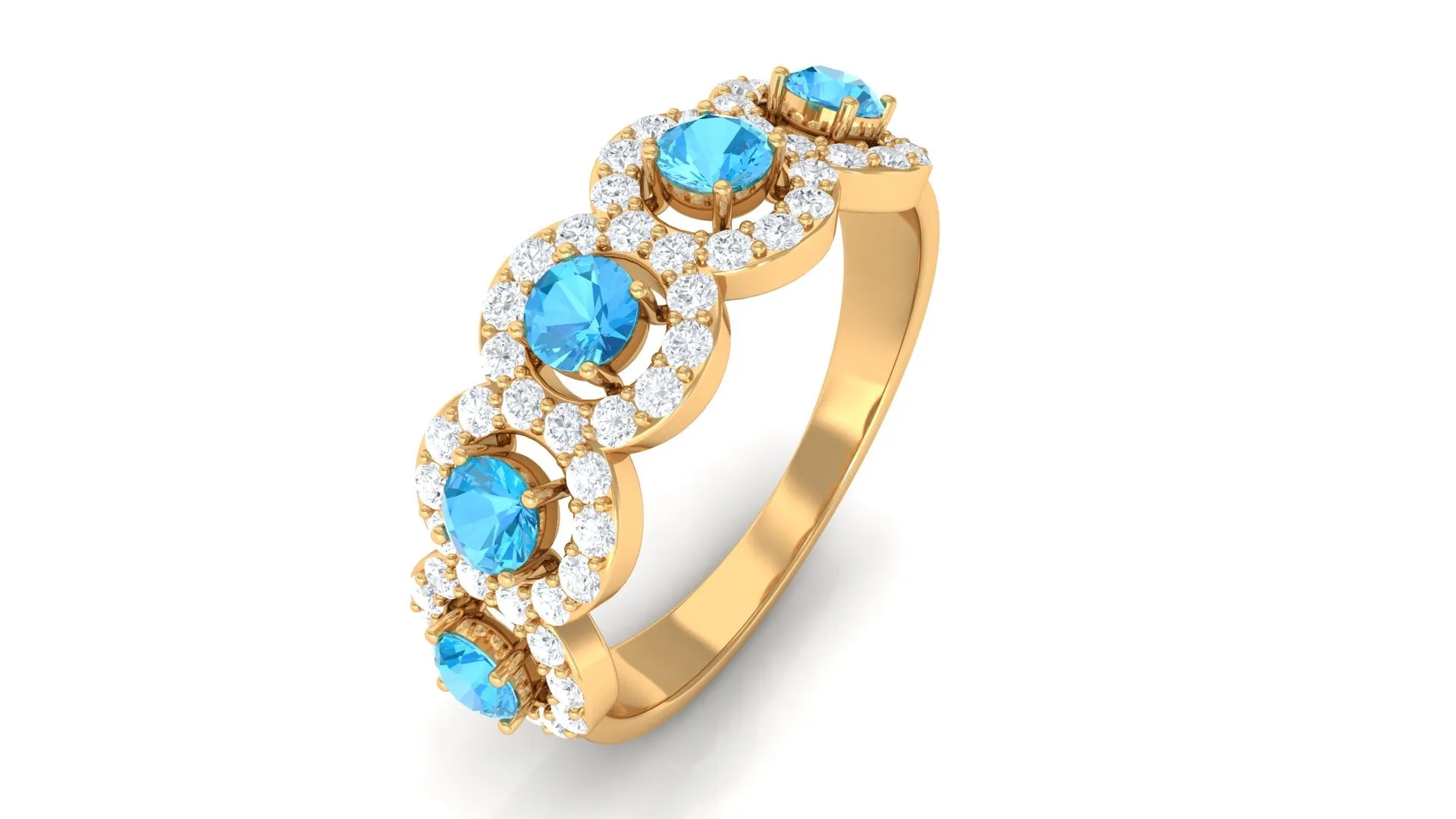 Round Shape Swiss Blue Topaz and Diamond Halo Classic Band Ring in Prong Setting