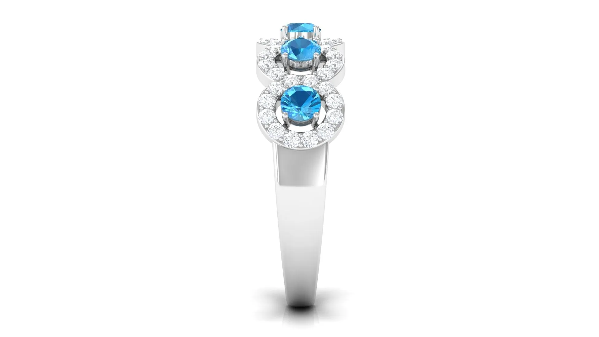 Round Shape Swiss Blue Topaz and Diamond Halo Classic Band Ring in Prong Setting