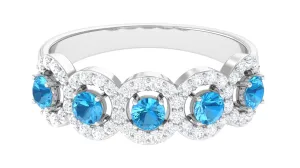 Round Shape Swiss Blue Topaz and Diamond Halo Classic Band Ring in Prong Setting