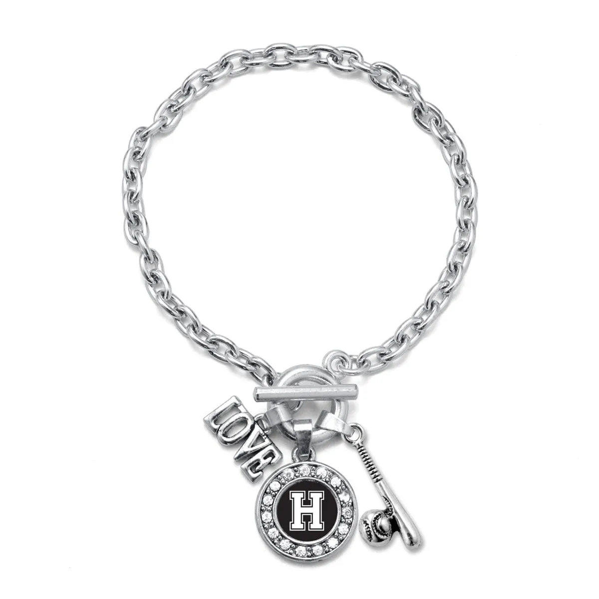 Silver Baseball Bat - Sports Initial H Circle Charm Toggle Bracelet