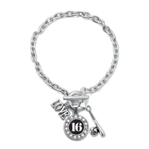 Silver Baseball Bat - Sports Number 16 Circle Charm Toggle Bracelet