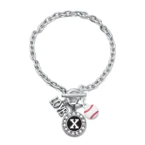 Silver Baseball - Sports Initial X Circle Charm Toggle Bracelet