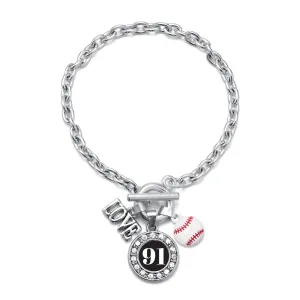 Silver Baseball - Sports Number 91 Circle Charm Toggle Bracelet