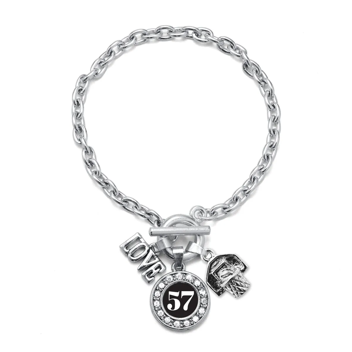 Silver Basketball Hoop - Sports Number 57 Circle Charm Toggle Bracelet